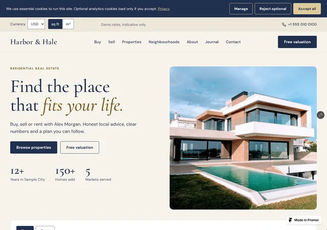 Harbor and Hale template live preview homepage with hero and navigation.